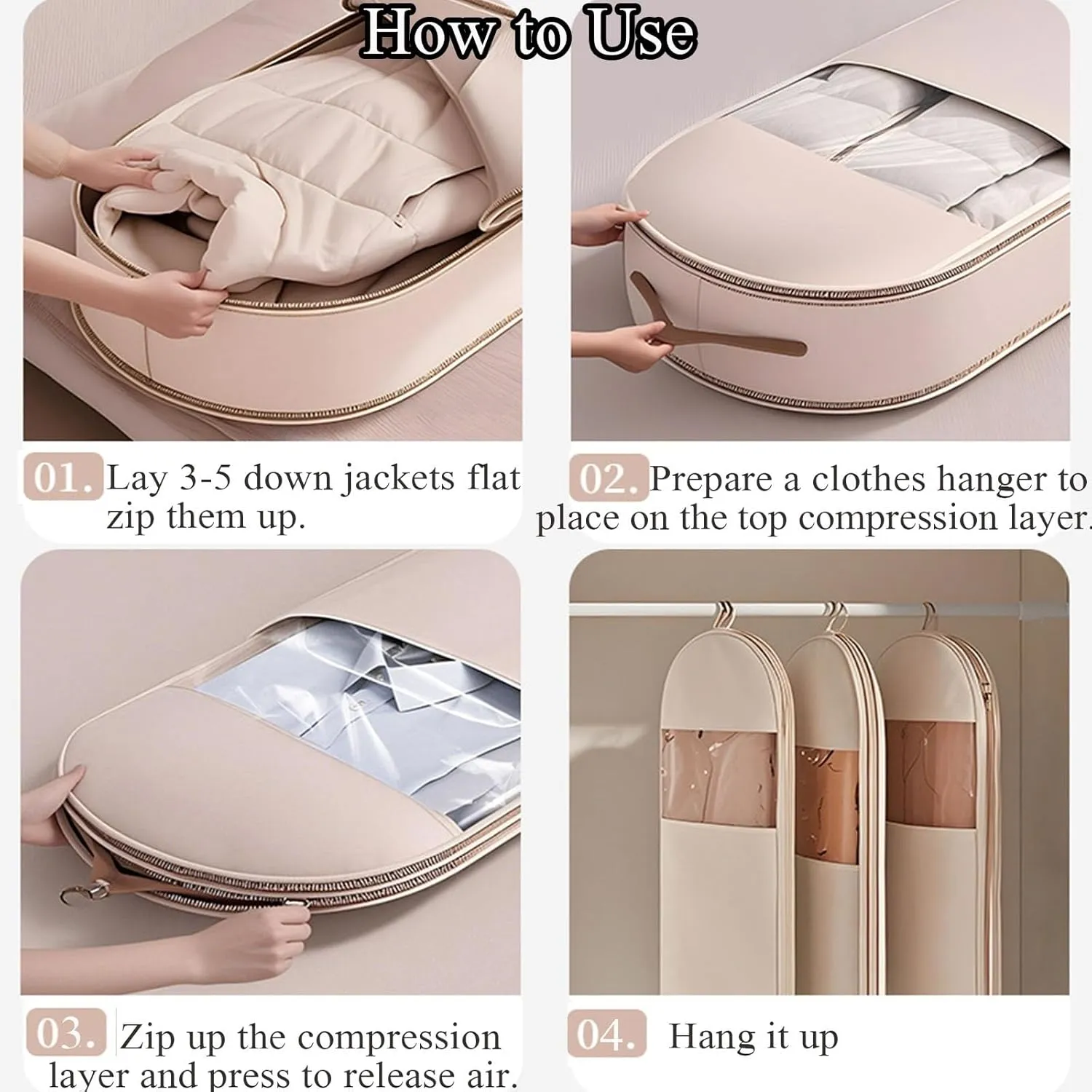 Dust Space Saving Hanging Garment Bag with Self Compression Zipper,Otherwise Space Saving Garment Bag for Down Coat(Pink,L XL)