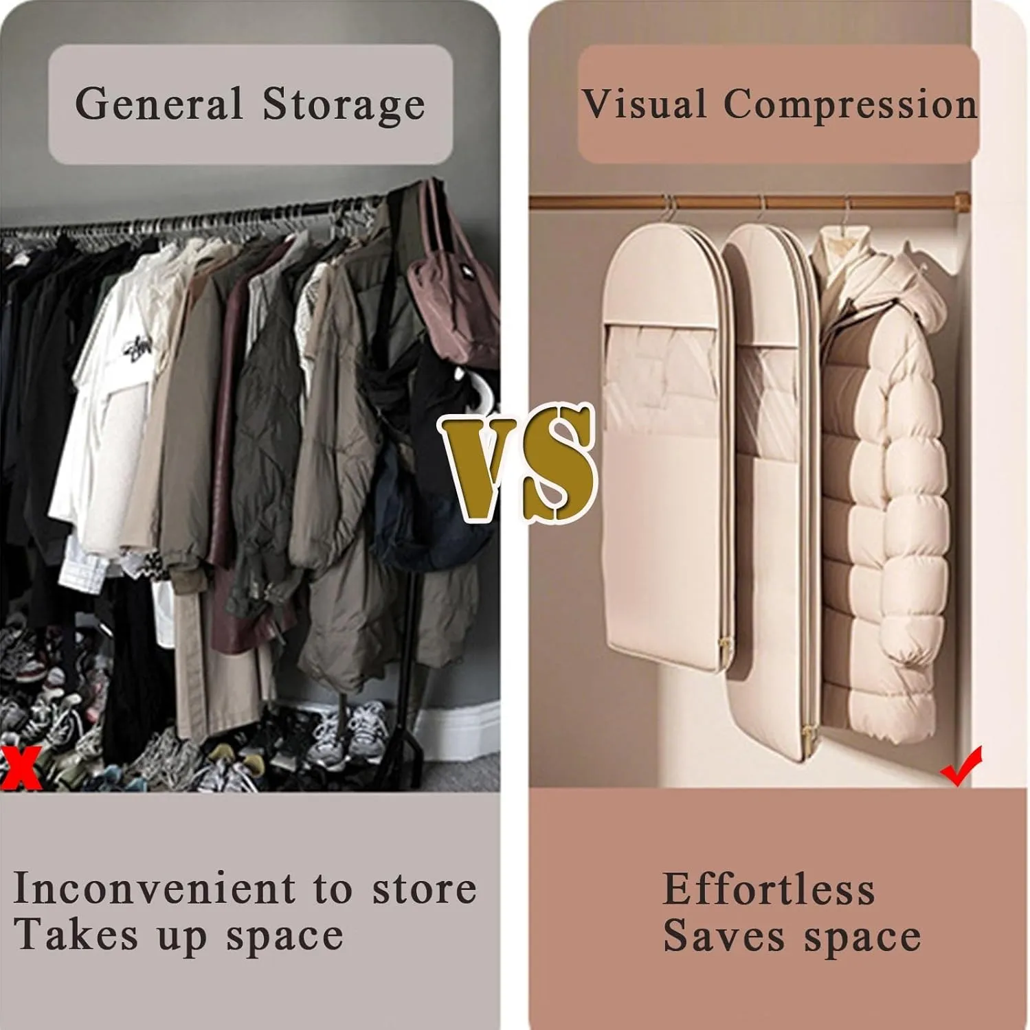 Dust Space Saving Hanging Garment Bag with Self Compression Zipper,Otherwise Space Saving Garment Bag for Down Coat(Pink,L XL)