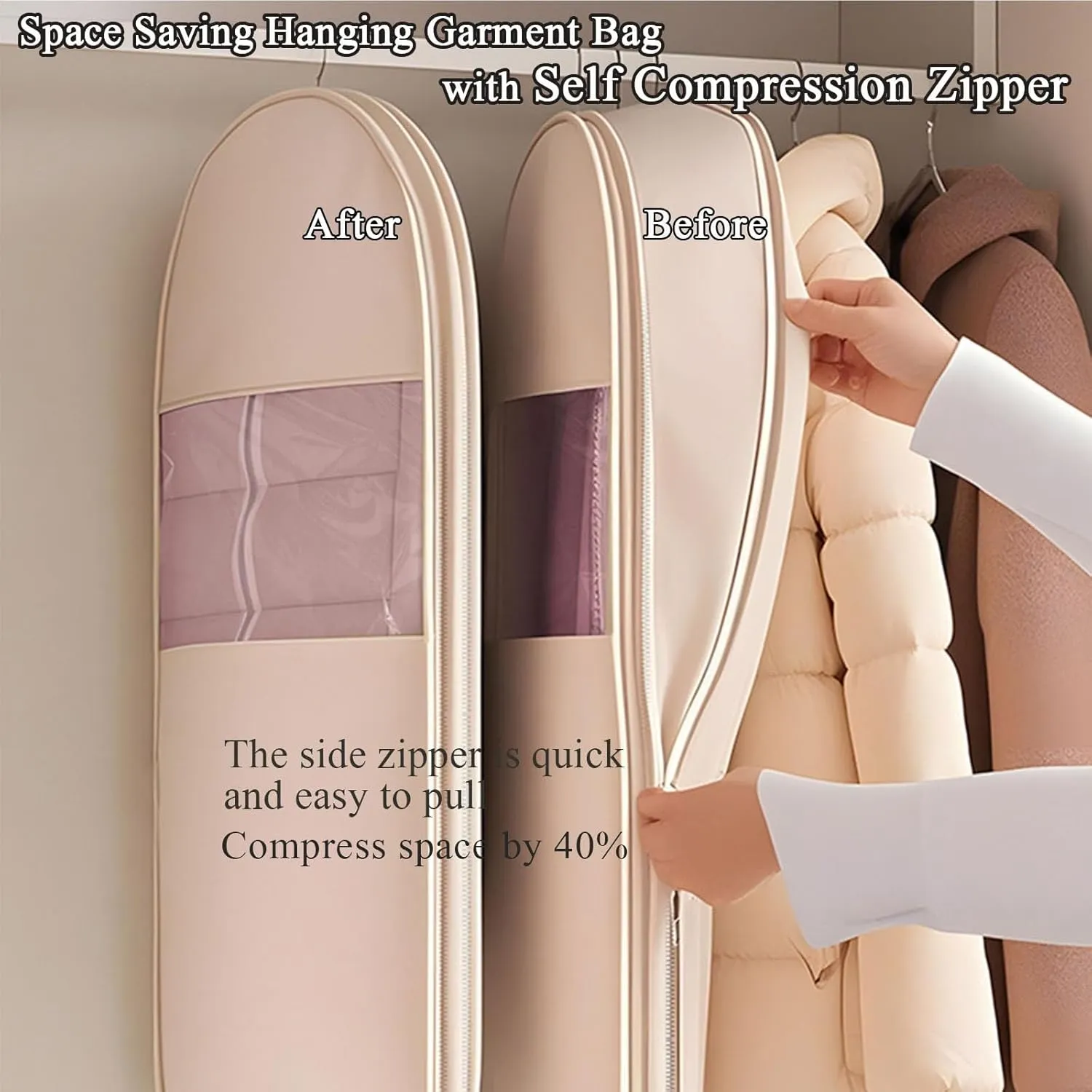 Dust Space Saving Hanging Garment Bag with Self Compression Zipper,Otherwise Space Saving Garment Bag for Down Coat(Pink,L XL)