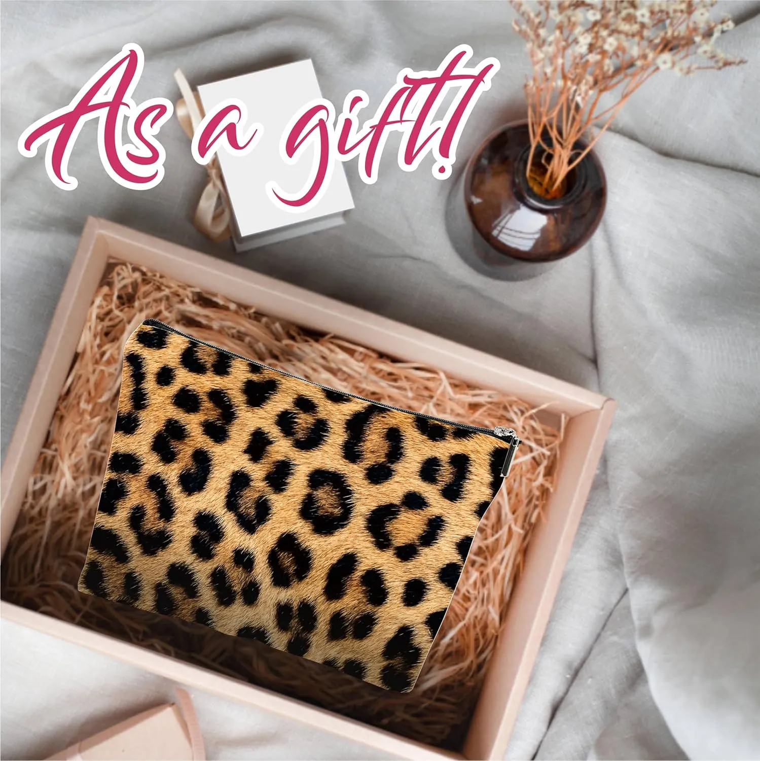 DYIRBIIY Leopard Print Cosmetic Bag, Make Up Linen Bag, Animal Protection Theme Toiletry Bag, Zipper Pouch For Travel & Daily Uses, Gift For Girls, Bags & Accessories - 09