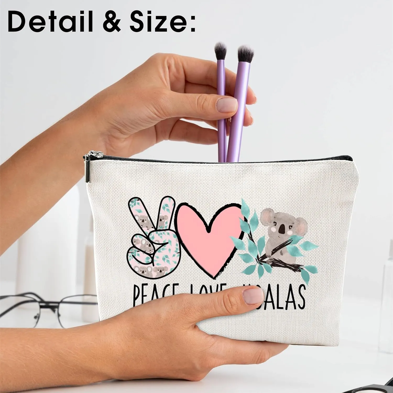 DYIRBIIY Peace Love Koalas Cosmetic Bag, Make Up Linen Bag, Animal Lovers Toiletry Bag, Zipper Pouch For Travel & Daily Uses, Gift For Girls, Bags & Accessories - 02