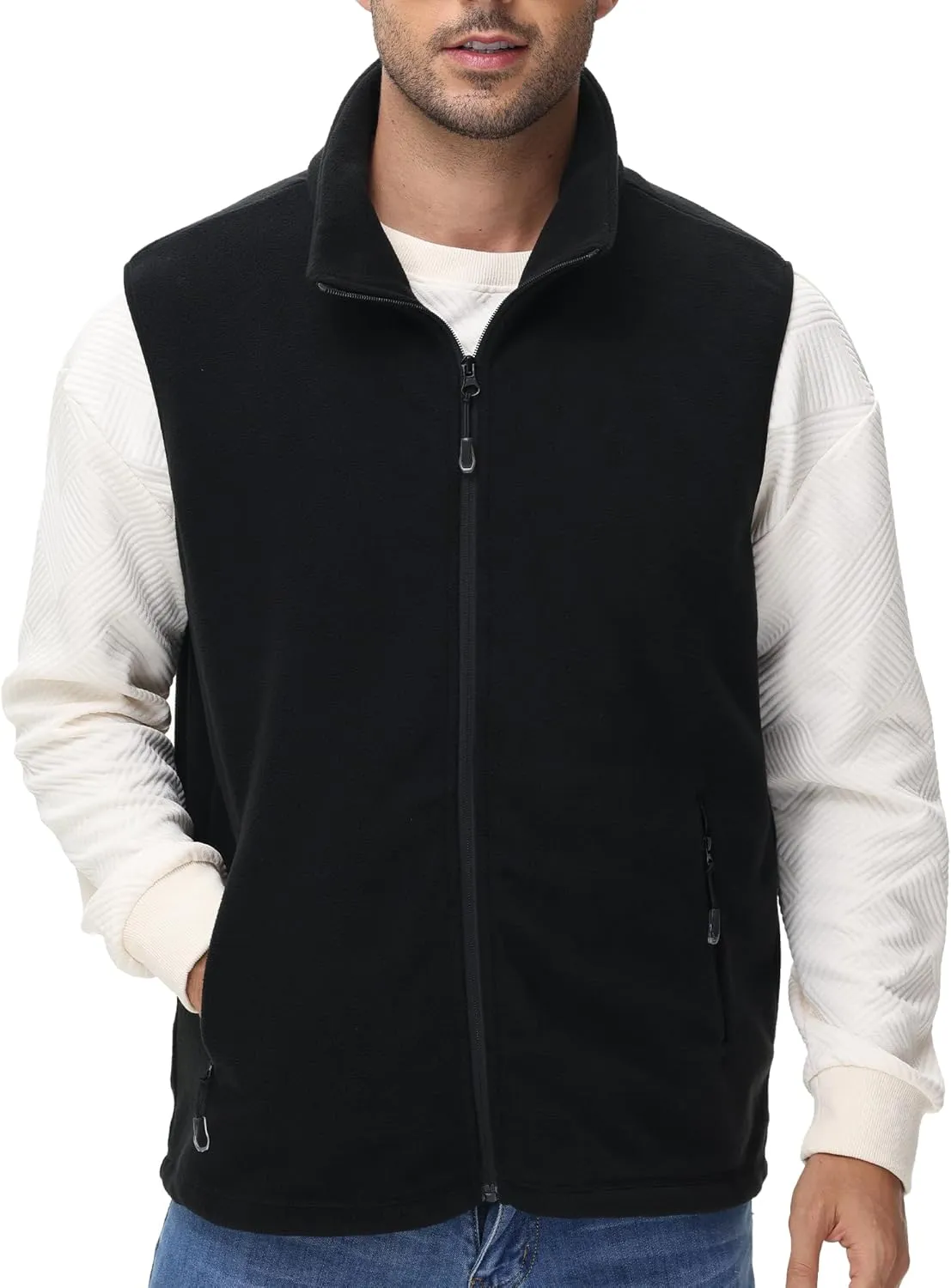 Eco-Friendly Fleece Vest, Soft Anti-Pilling with Zippered Pockets for Camping Office, Lightweight Sleeveless Jacket