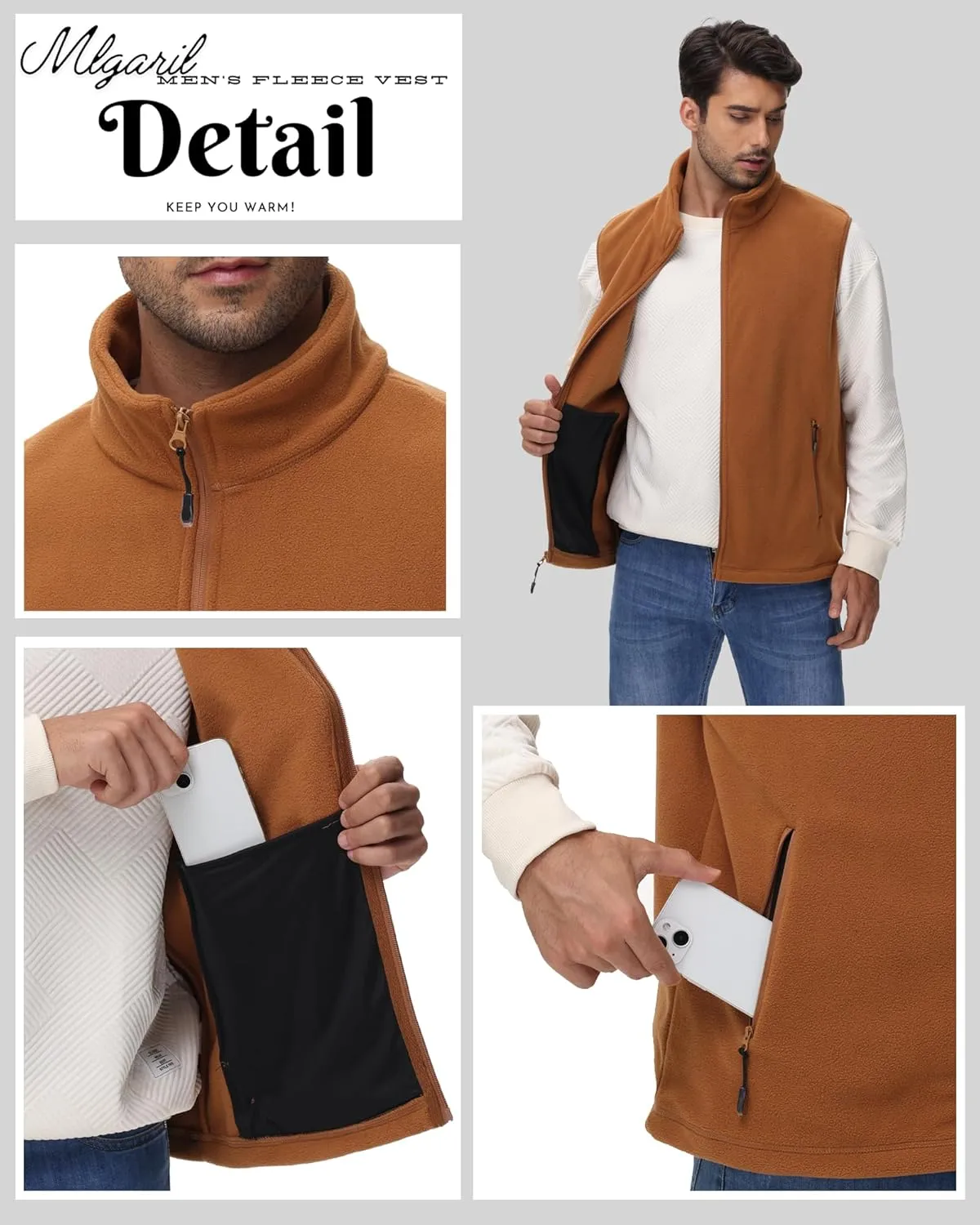 Eco-Friendly Fleece Vest, Soft Anti-Pilling with Zippered Pockets for Camping Office, Lightweight Sleeveless Jacket