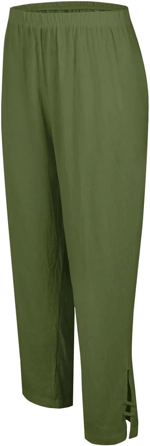 Eco-Friendly Linen Pants Women Elastic Waist Straight Leg Lightweight Beach Yoga Trousers with Slits