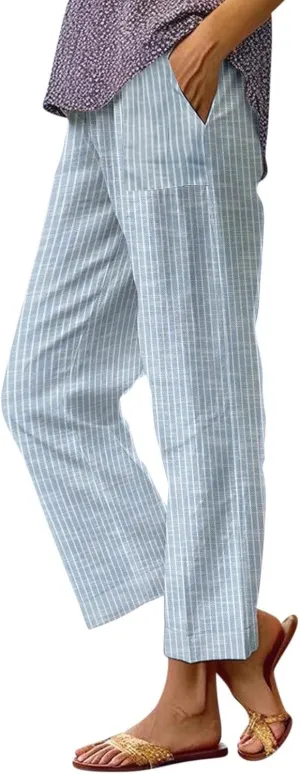 Eco-Friendly Linen Pants Women Elastic Waist Straight Leg Lightweight Beach Yoga Trousers with Slits