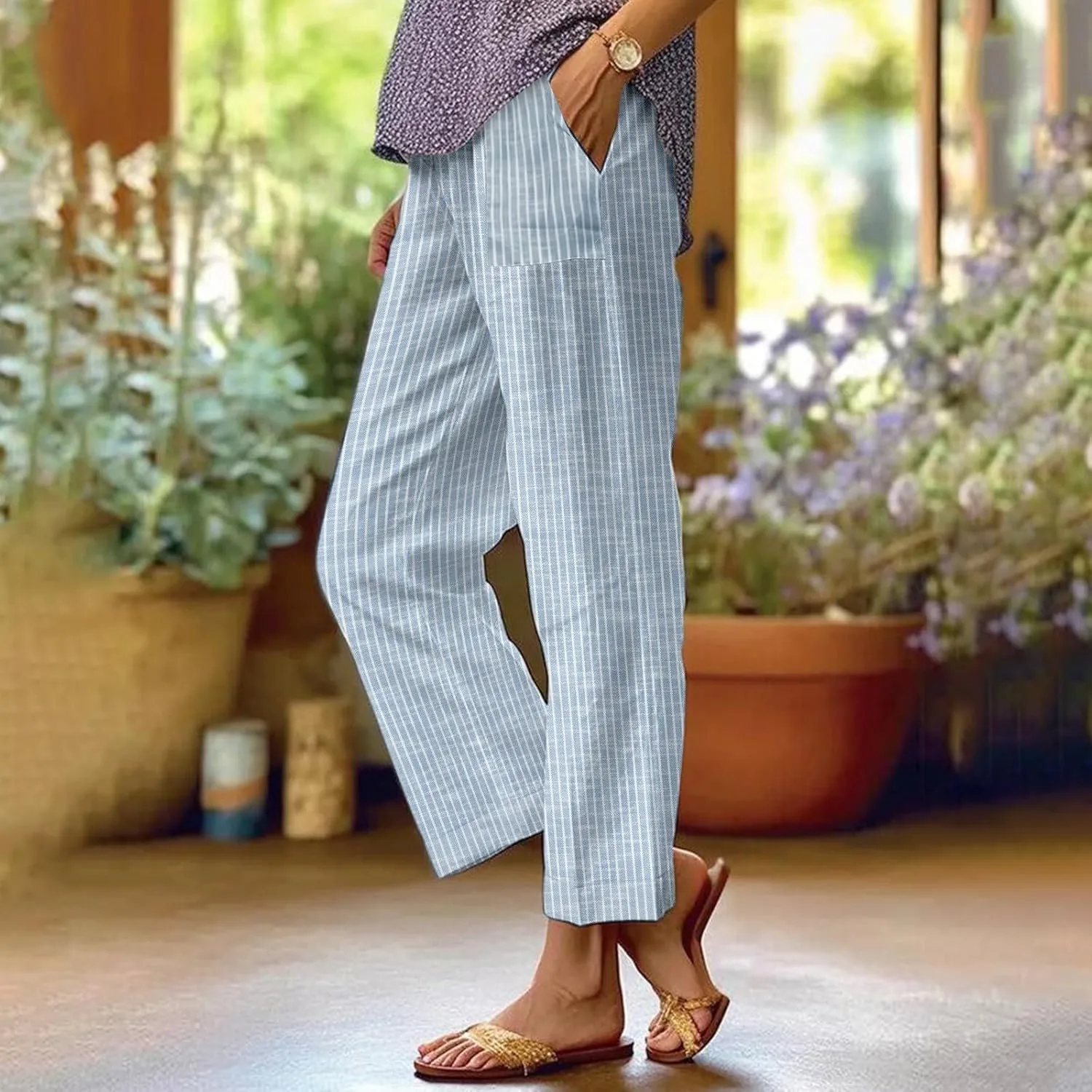 Eco-Friendly Linen Pants Women Elastic Waist Straight Leg Lightweight Beach Yoga Trousers with Slits