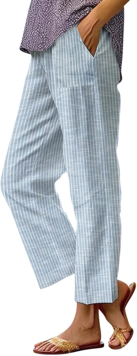 Eco-Friendly Linen Pants Women Elastic Waist Straight Leg Lightweight Beach Yoga Trousers with Slits
