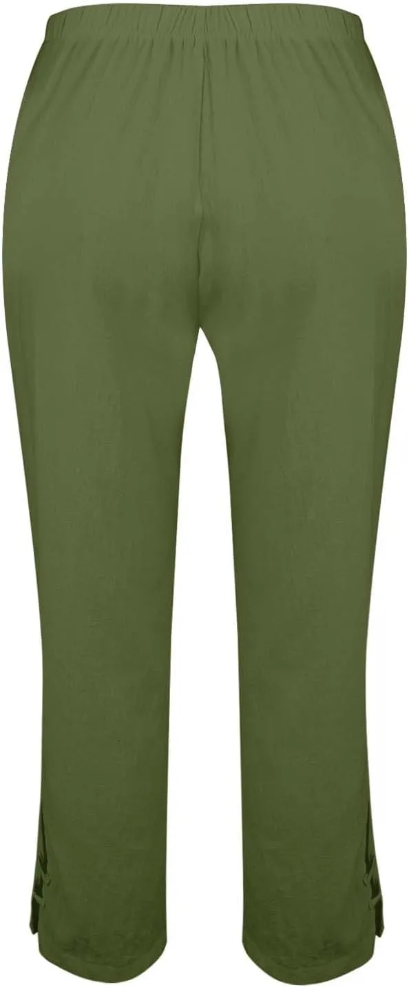 Eco-Friendly Linen Pants Women Elastic Waist Straight Leg Lightweight Beach Yoga Trousers with Slits