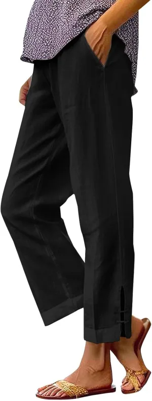 Eco-Friendly Linen Pants Women Elastic Waist Straight Leg Lightweight Beach Yoga Trousers with Slits