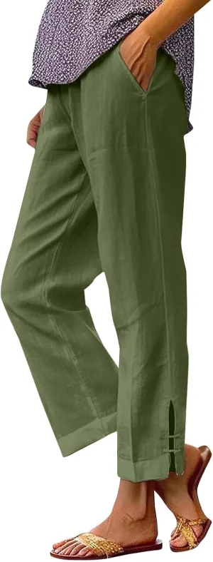 Eco-Friendly Linen Pants Women Elastic Waist Straight Leg Lightweight Beach Yoga Trousers with Slits