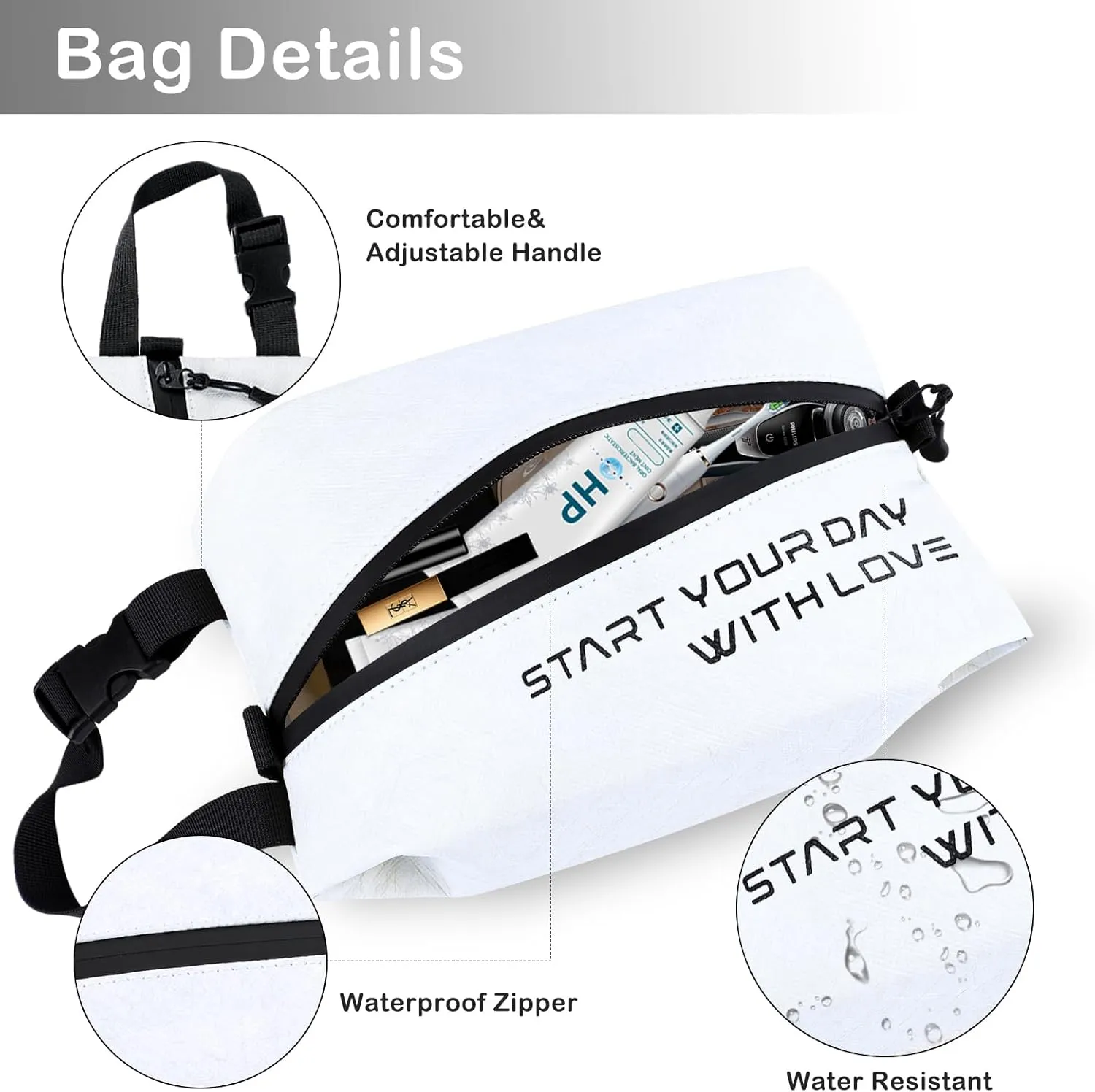 Eco-Friendly Travel Toiletry Bag for Men, Women & Kids - Small Waterproof Cosmetic Bag, Dopp Kit, Wet Bag, Hygiene Organizer for Toiletries (White)