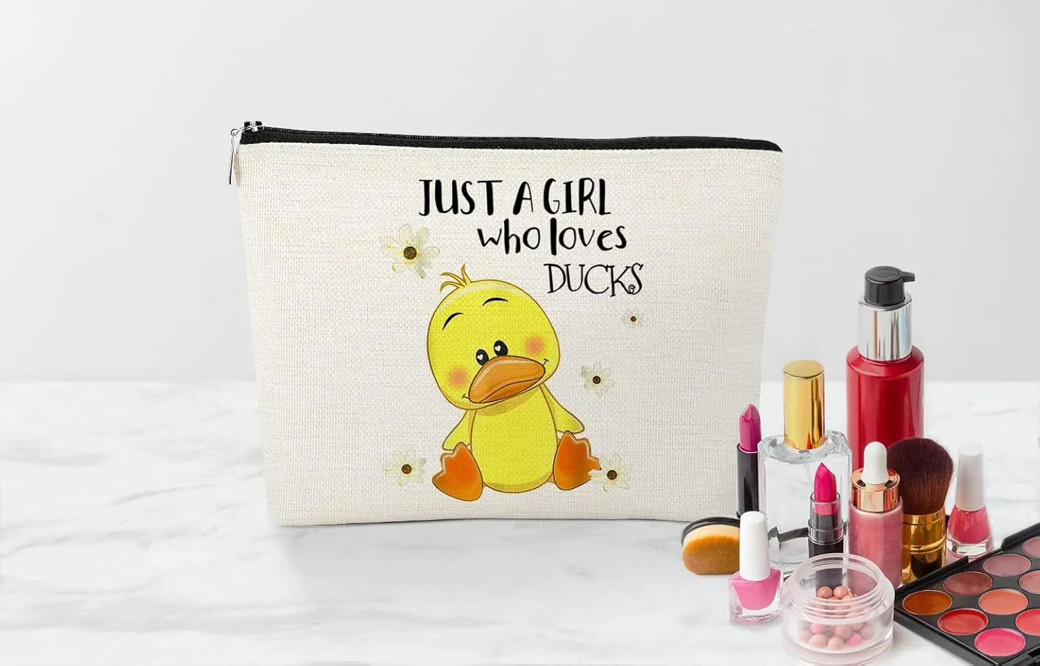 EXUQO Duck Print Cosmetic Bag, Spacious 7.5 x 10 Inches Linen, Zipper Closure, Female Adult Travel Cosmetic Bag