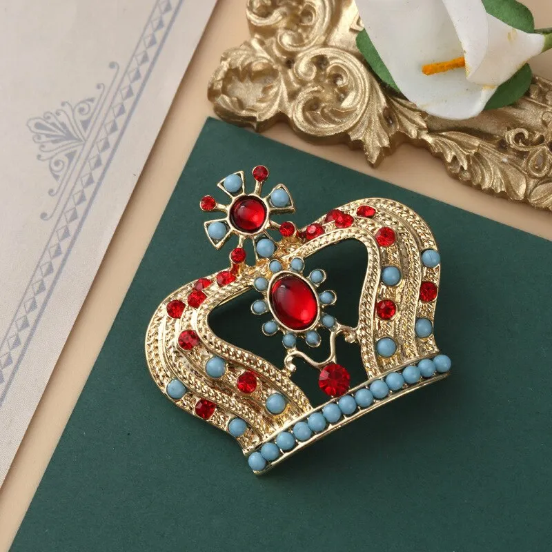 Fashion Women Pearl Crystal Baroque Brooches Cross Crown