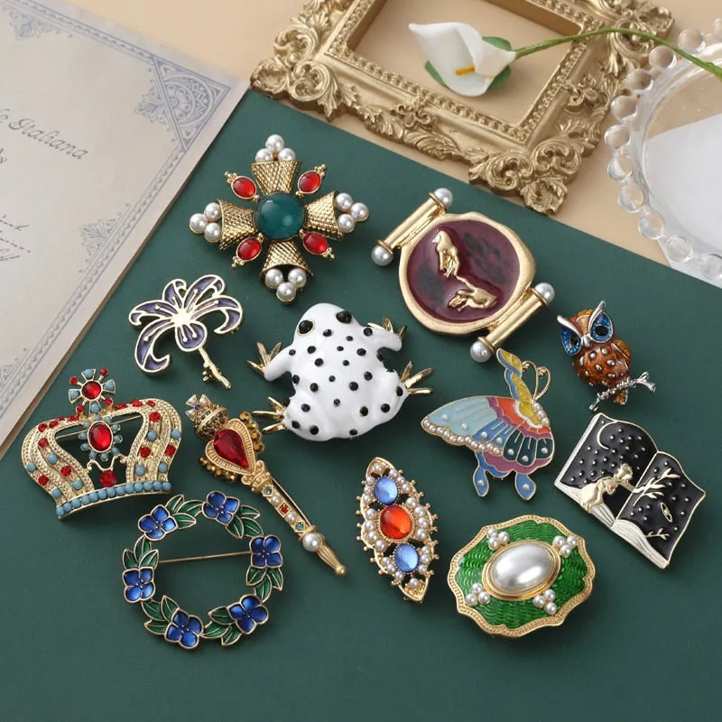 Fashion Women Pearl Crystal Baroque Brooches Cross Crown