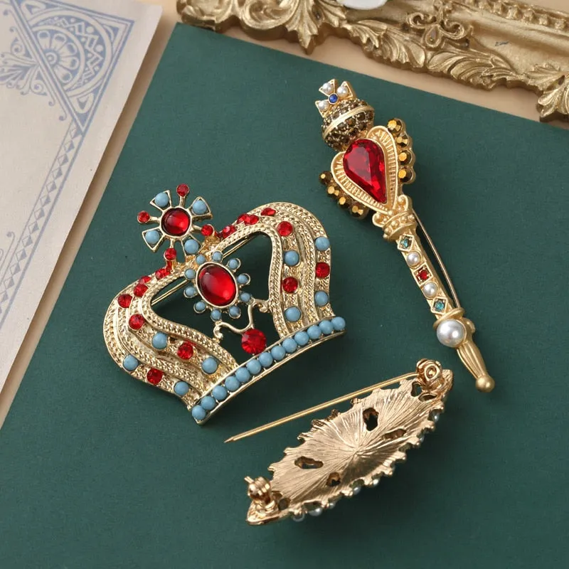 Fashion Women Pearl Crystal Baroque Brooches Cross Crown