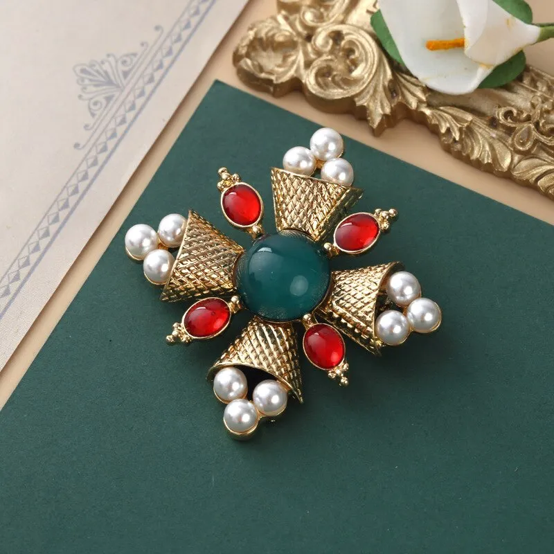 Fashion Women Pearl Crystal Baroque Brooches Cross Crown