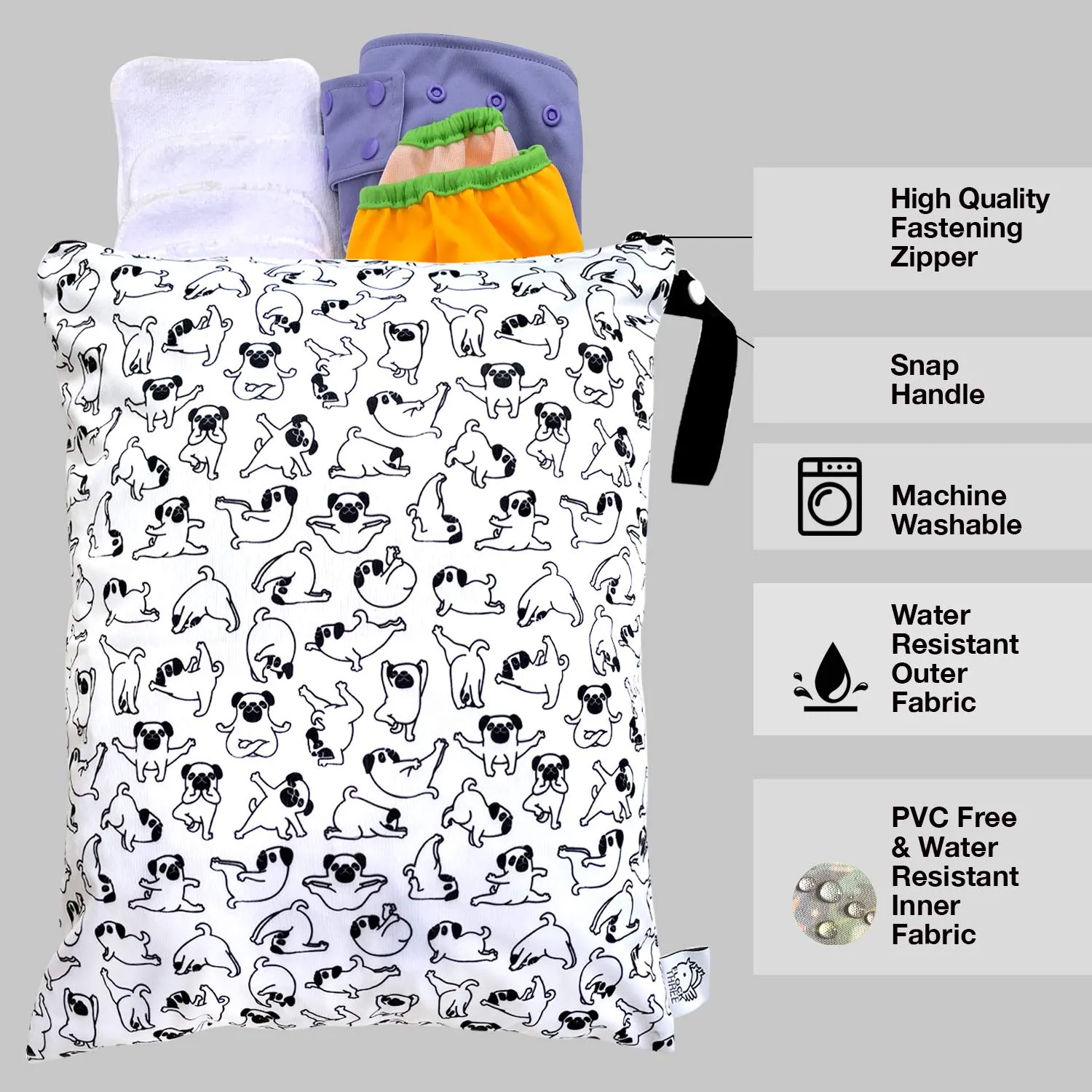 FLOCK THREE Washable and Reusable Wet Bag, Diaper Bag, Water Resistant Swimming Bag, Travel Toiletries Pouch, Yoga Gym Bag (White_YOGADOG)