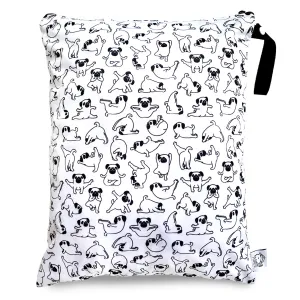 FLOCK THREE Washable and Reusable Wet Bag, Diaper Bag, Water Resistant Swimming Bag, Travel Toiletries Pouch, Yoga Gym Bag (White_YOGADOG)