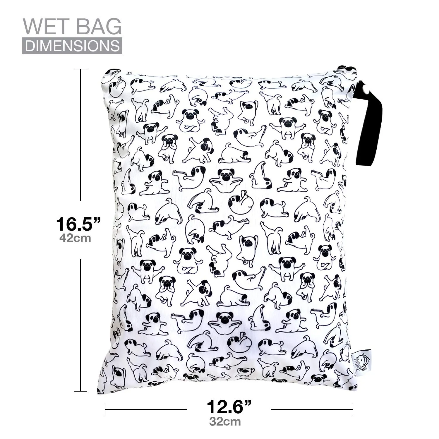 FLOCK THREE Washable and Reusable Wet Bag, Diaper Bag, Water Resistant Swimming Bag, Travel Toiletries Pouch, Yoga Gym Bag (White_YOGADOG)