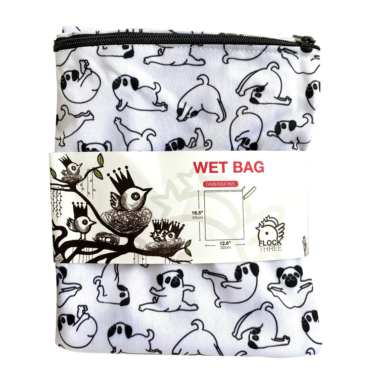 FLOCK THREE Washable and Reusable Wet Bag, Diaper Bag, Water Resistant Swimming Bag, Travel Toiletries Pouch, Yoga Gym Bag (White_YOGADOG)