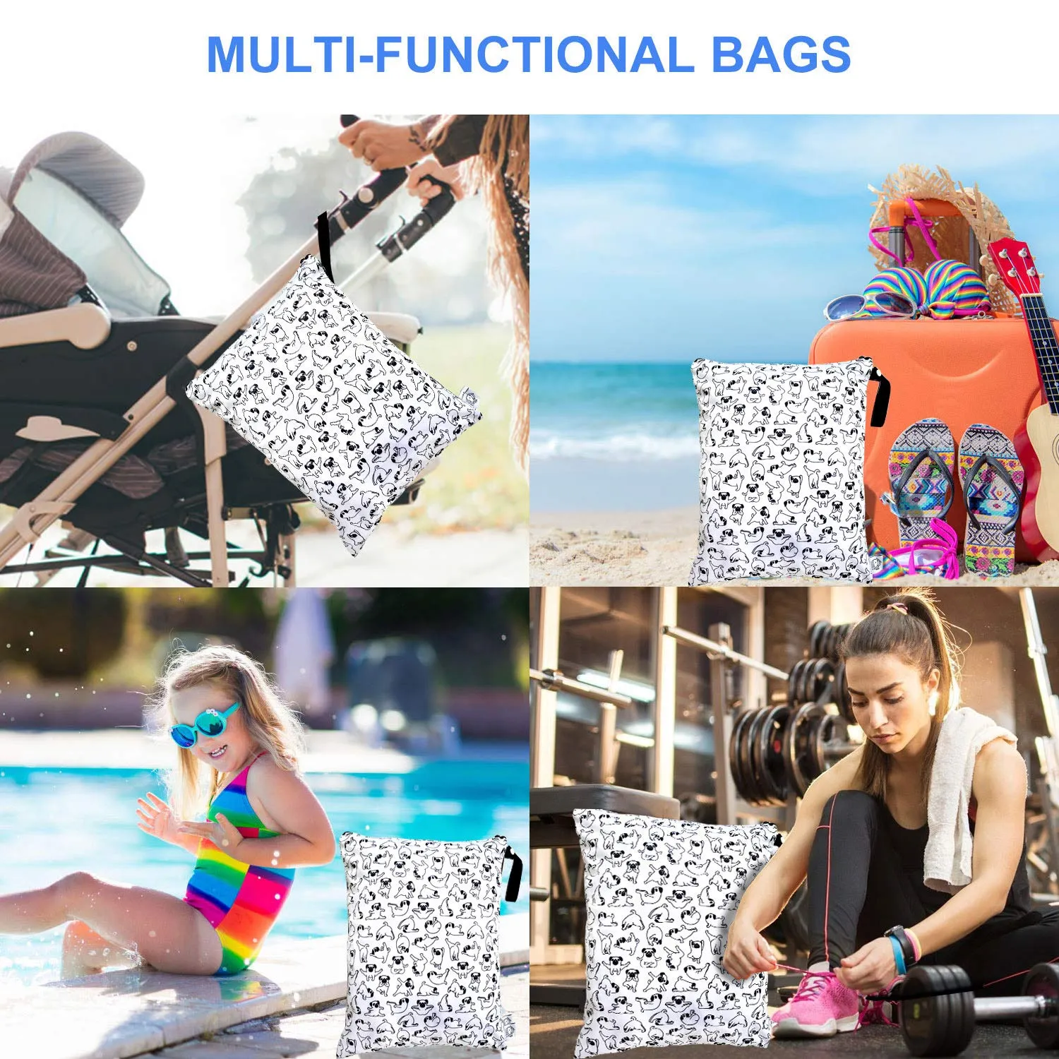 FLOCK THREE Washable and Reusable Wet Bag, Diaper Bag, Water Resistant Swimming Bag, Travel Toiletries Pouch, Yoga Gym Bag (White_YOGADOG)