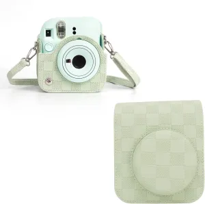 for Instax Mini 12 Case, Vintage Checkerboard Plaid PU Leather Camera Case with Shoulder Strap, Portable Carrying Bag for Instax Mini 12 Camera (Green)