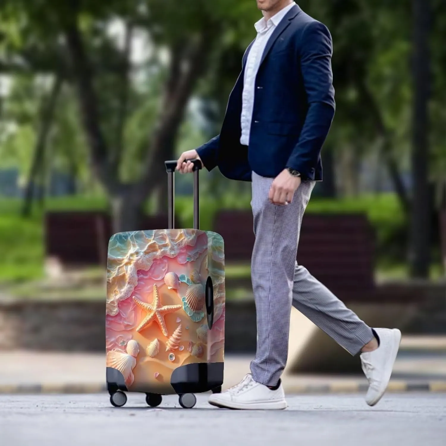 FOR U DESIGNS Beach Starfish Luggage Cover Protector for 18-21 Inch Carry on Suitcases Stretchy Zipper Bottom Scratch-Resistant Breathable Luggage Sleeves for Weekend Trips