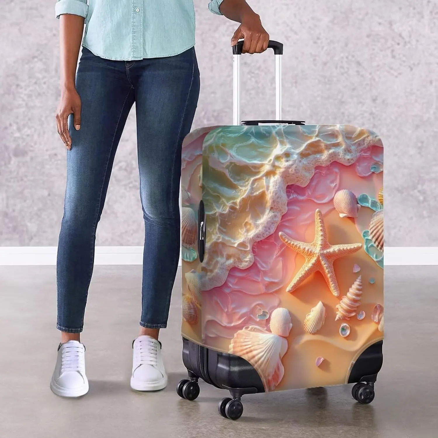 FOR U DESIGNS Beach Starfish Luggage Cover Protector for 18-21 Inch Carry on Suitcases Stretchy Zipper Bottom Scratch-Resistant Breathable Luggage Sleeves for Weekend Trips
