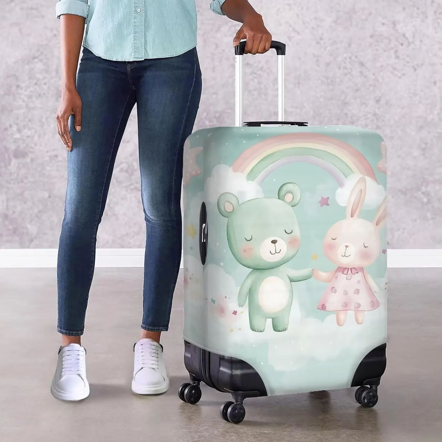 FOR U DESIGNS Bear Bunny Cartoon Carryon Luggage Cover Protector Stretchy Anti-Scratch Suitcase Sleeve Quick Install Foldable 25-28 Inch for Vacation Business Trips