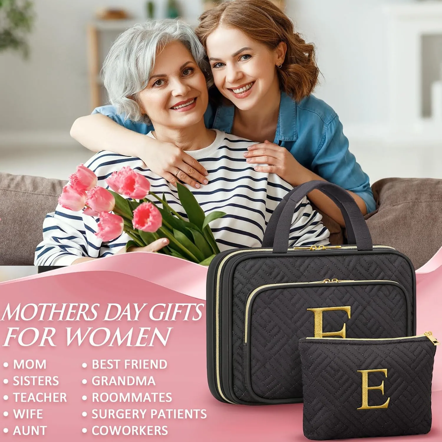 Gifts for Women, Initial Toiletry Makeup Bag Hanging Cosmetic Organizer with Embroidery Letter Personalized Nurse Teacher Appreciation Gift Birthday Mothers Day Gifts for Mom Sister Wife Friend Auntie