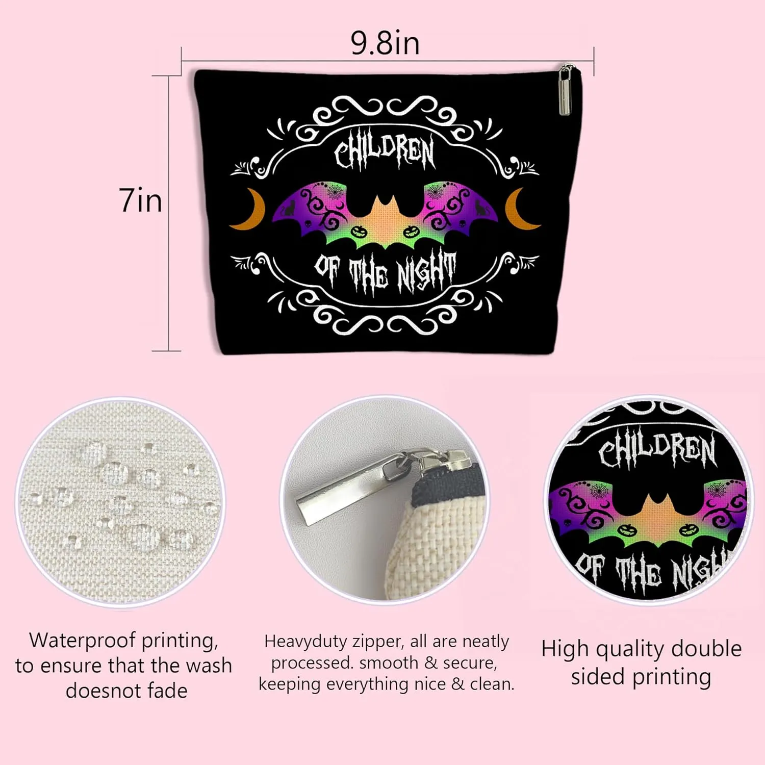 Gothic Bat Makeup Bag Children of the Night, Spacious Zippered Cosmetic Pouch for Women, Spooky Halloween & Christmas Gifts for Goth Lovers, Horror Fans, Goth Toiletry Organizer