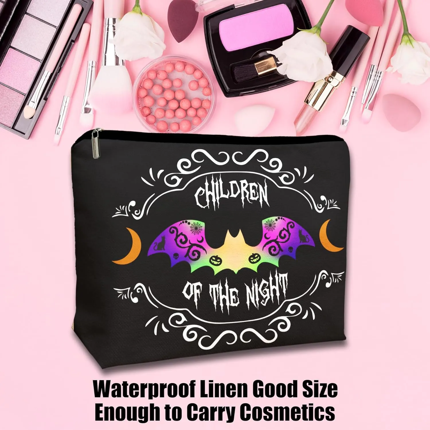 Gothic Bat Makeup Bag Children of the Night, Spacious Zippered Cosmetic Pouch for Women, Spooky Halloween & Christmas Gifts for Goth Lovers, Horror Fans, Goth Toiletry Organizer