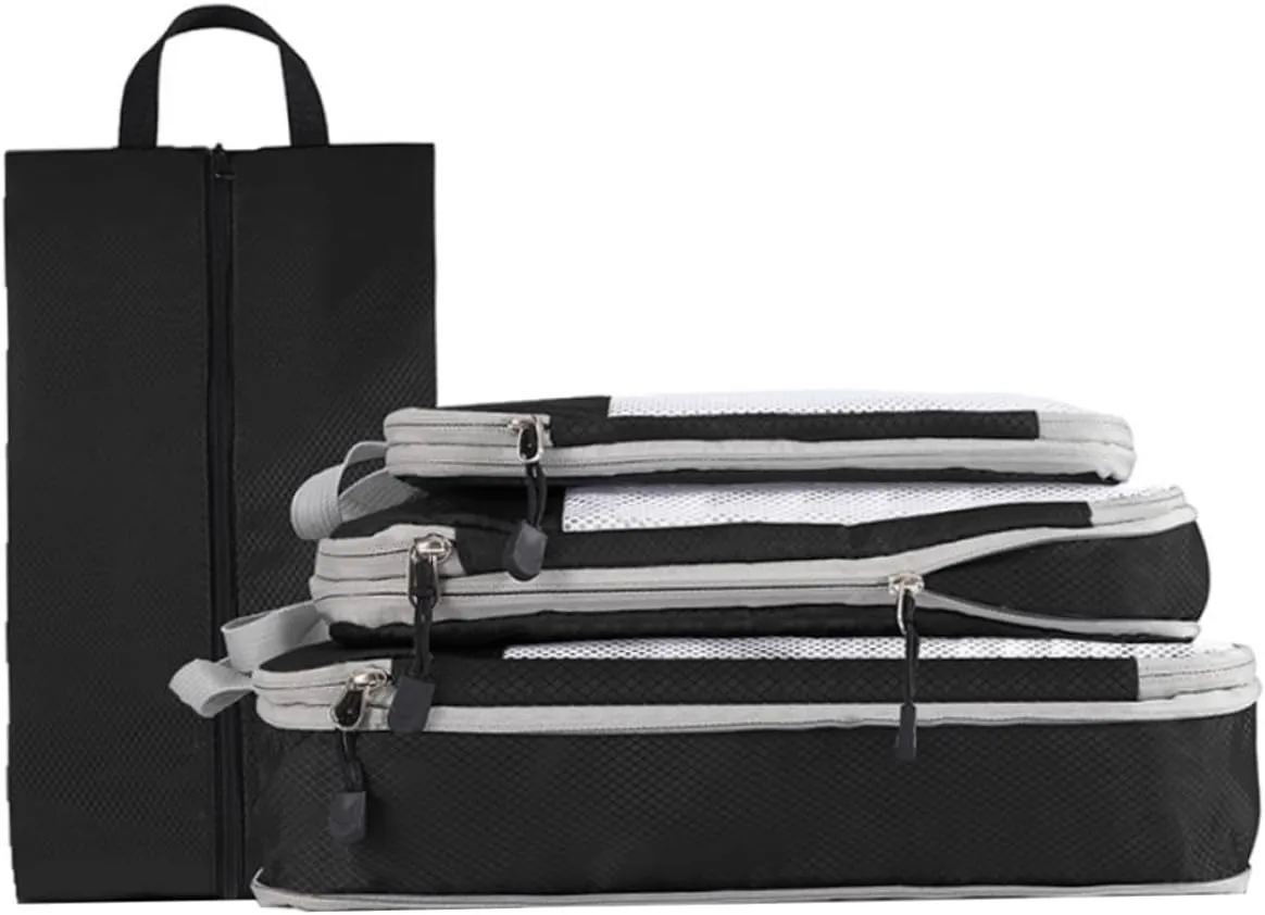 Gray 4-Piece Packing Cube Set with Compression Packing Cubes Shoe Bag Travel Bag Clothes Bag Suitcase Organiser Waterproof Luggage Organiser for Suitcase and Backpack, Gray, XL, Black
