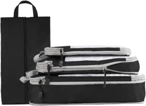 Gray 4-Piece Packing Cube Set with Compression Packing Cubes Shoe Bag Travel Bag Clothes Bag Suitcase Organiser Waterproof Luggage Organiser for Suitcase and Backpack, Gray, XL, Black