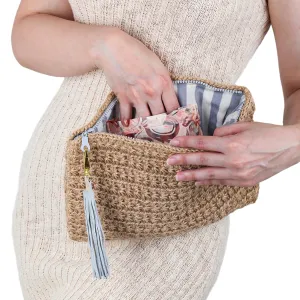 Handmade Jute Clutch Purse Women Woven Jute Clutch Evening Handbag with Zipper Closure, Eco-Friendly Knitted Women Jute Handheld Clutch with Genuine Leather Accessorize (Blue Insight)
