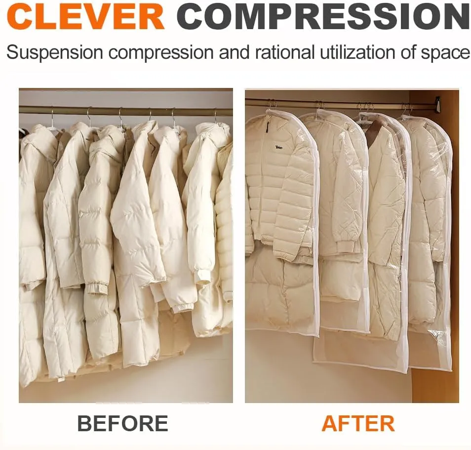 Hanging Garment Bags for Closet Storage, Space Saving Hanging Garment Bag with Self Compression Zipper, Space Saving Closet Organizers, Dust Cover Clothes Bags for Down Coat (White, L*1)