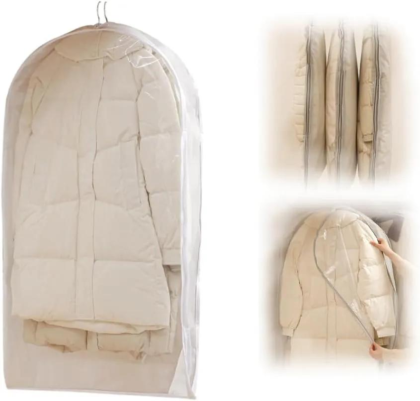 Hanging Garment Bags for Closet Storage, Space Saving Hanging Garment Bag with Self Compression Zipper, Space Saving Closet Organizers, Dust Cover Clothes Bags for Down Coat (White, L*1)