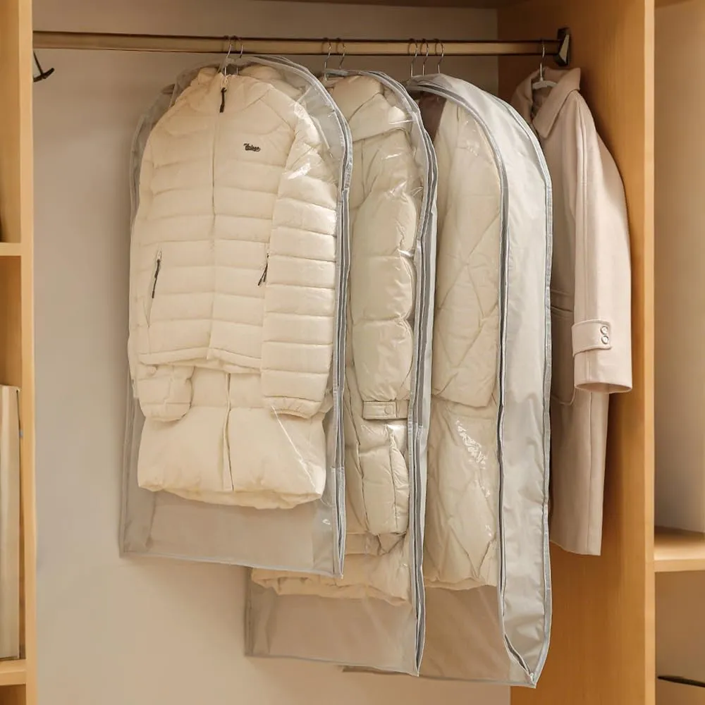 Hanging Garment Bags for Closet Storage, Space Saving Hanging Garment Bag with Self Compression Zipper, Space Saving Closet Organizers, Dust Cover Clothes Bags for Down Coat (White, L*1)