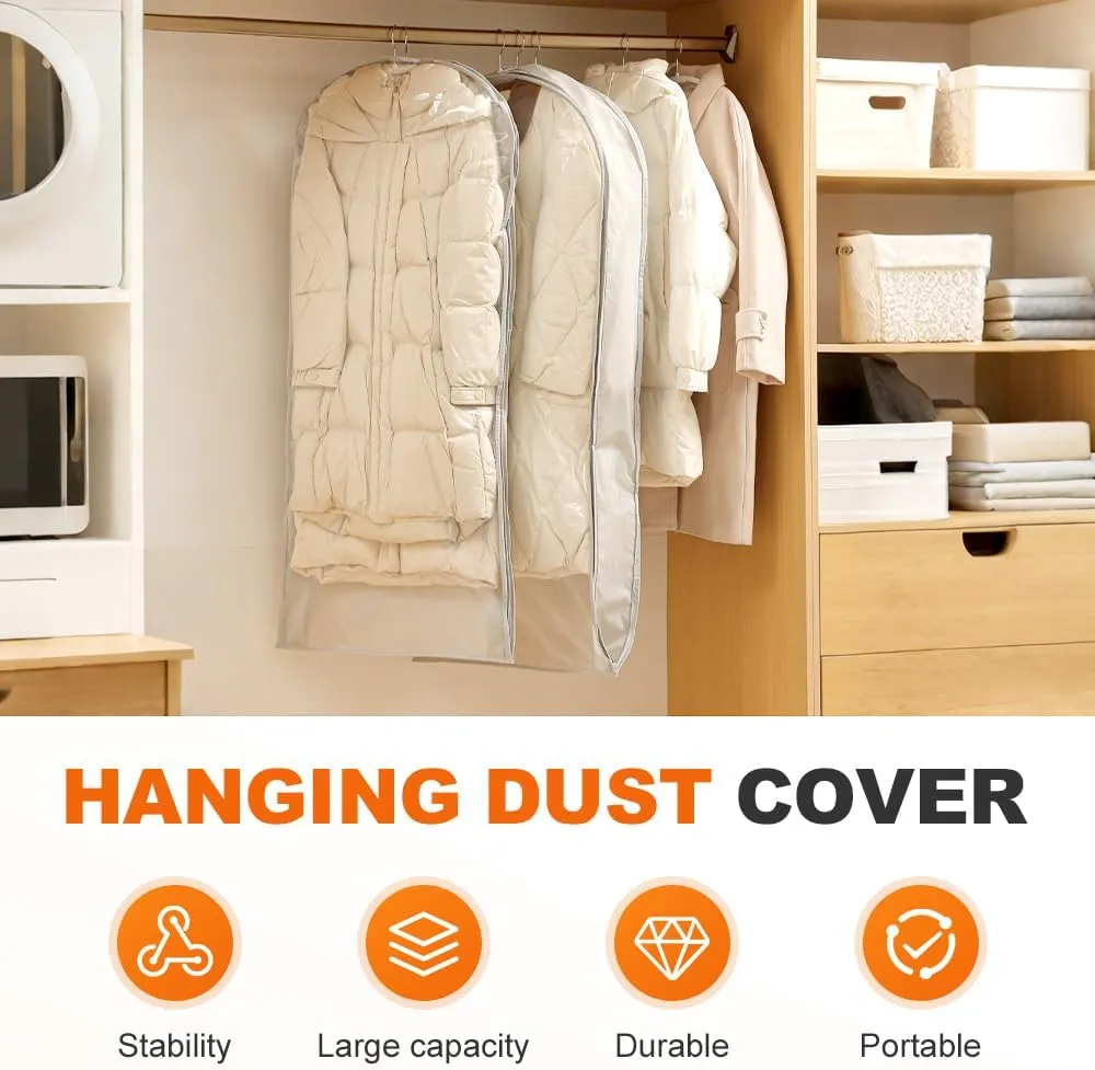 Hanging Garment Bags for Closet Storage, Space Saving Hanging Garment Bag with Self Compression Zipper, Space Saving Closet Organizers, Dust Cover Clothes Bags for Down Coat (White, L*1)