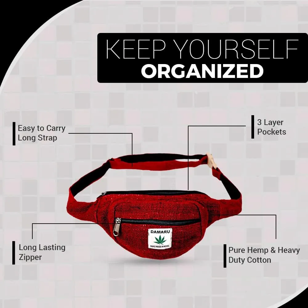 Hemp Fanny Pack Vegan Festival Belt Waist Bag Handmade Hip Bags Runners Belt for Hiking Fitness Adjustable Running Pouch for All Kinds of Phones Eco-Friendly for All Purpose (Red)