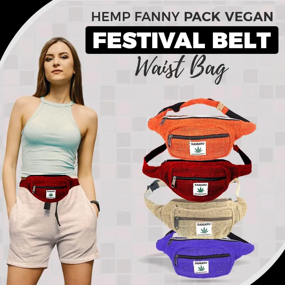 Hemp Fanny Pack Vegan Festival Belt Waist Bag Handmade Hip Bags Runners Belt for Hiking Fitness Adjustable Running Pouch for All Kinds of Phones Eco-Friendly for All Purpose (Red)