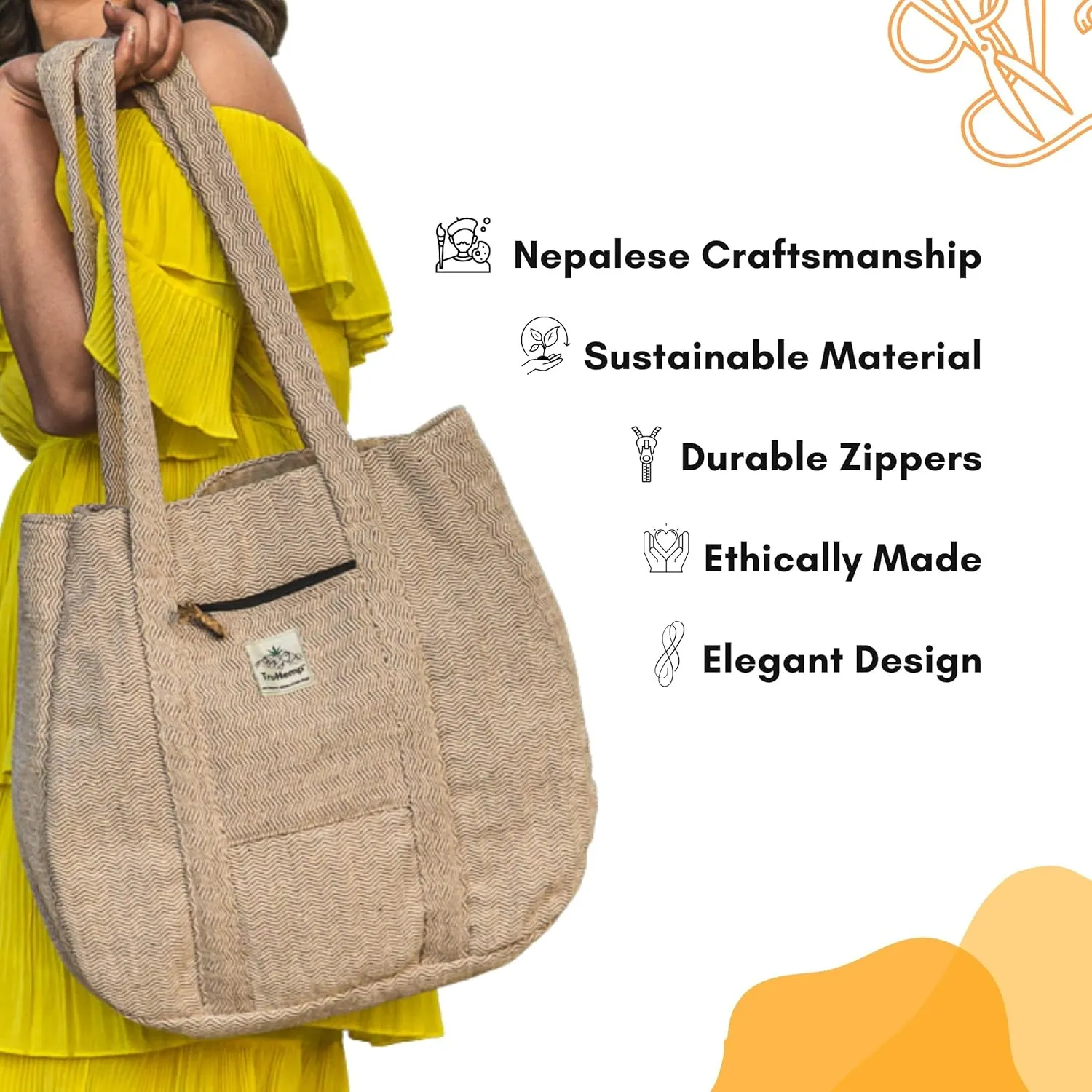 Hemp Shopping Tote Bag with Dual Zippered Compartments | Spacious Eco Market Bag with Cotton Lining | 10L Capacity
