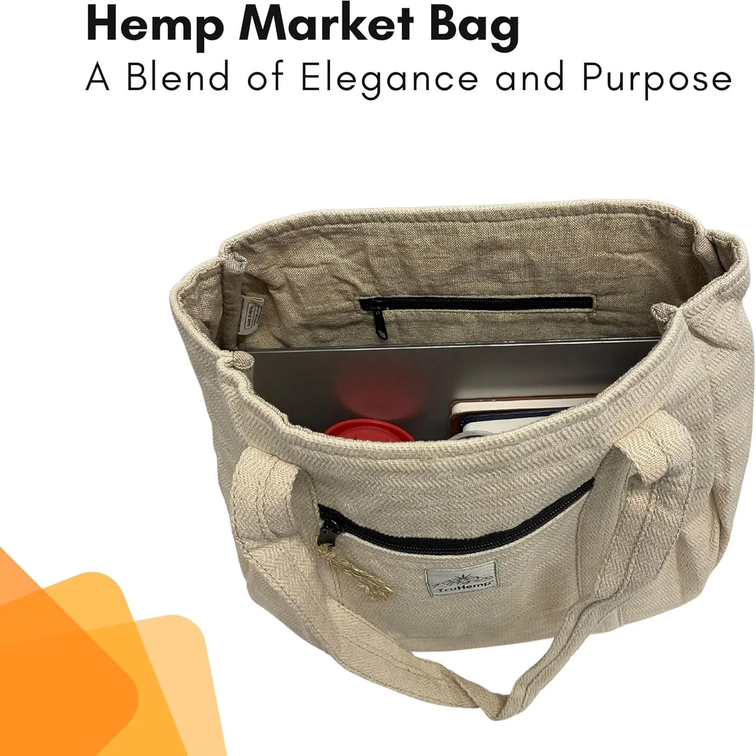 Hemp Shopping Tote Bag with Dual Zippered Compartments | Spacious Eco Market Bag with Cotton Lining | 10L Capacity