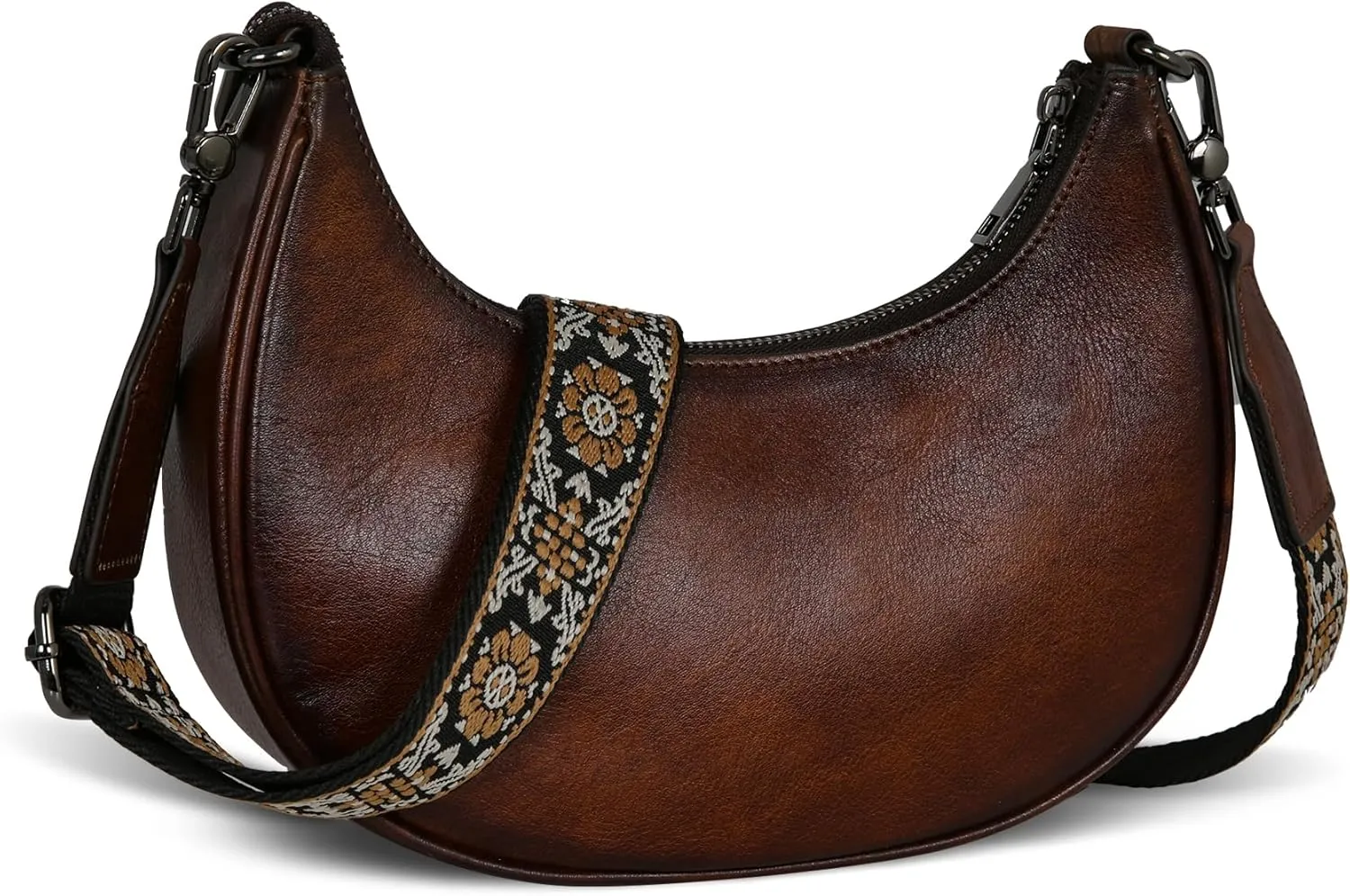HESHE Leather Shoulder Bag for Women Hobo Crossbody Purses Zipper Crescent Bag with 3 Straps