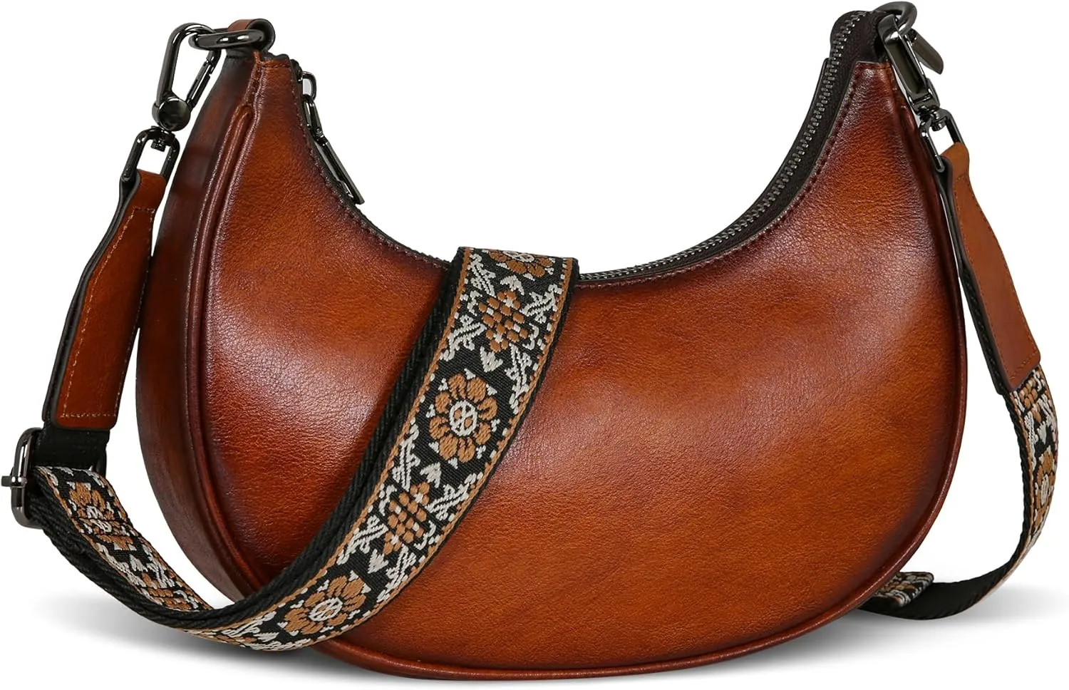 HESHE Leather Shoulder Bag for Women Hobo Crossbody Purses Zipper Crescent Bag with 3 Straps