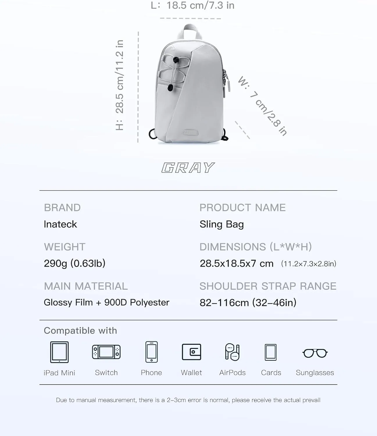 Inateck Sling Bag X-Row with RFID Blocking, Spacious Crossbody Shoulder Chest Everyday Carry Bag with Quick-adjust Strap, Water-resistant Sling Backpack for Men, Women, Travel, Cycling, Hiking, Gray