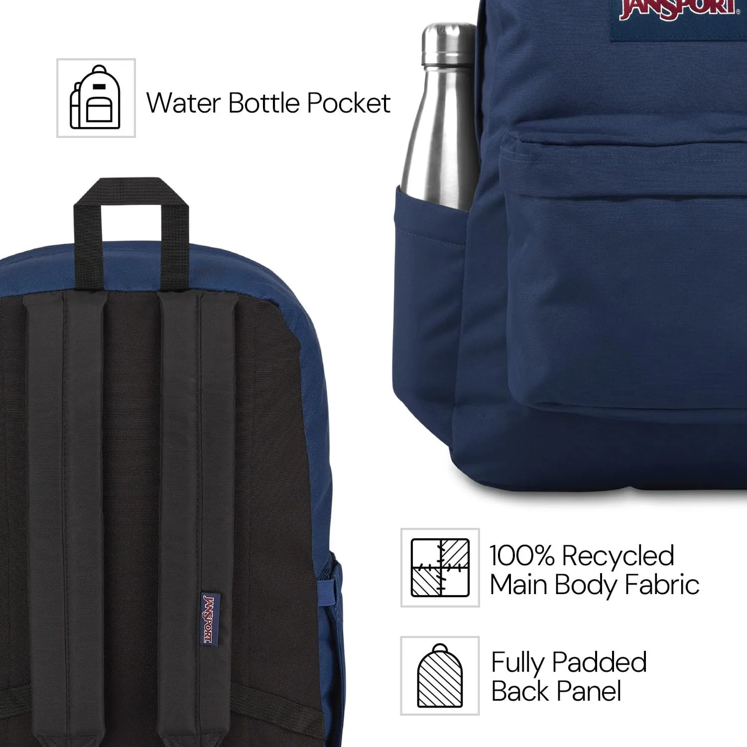 JanSport SuperBreak Plus Backpack with Padded 15-inch Laptop Sleeve and Integrated Bottle Pocket - Spacious and Durable Daypack for Work and Travel - Black