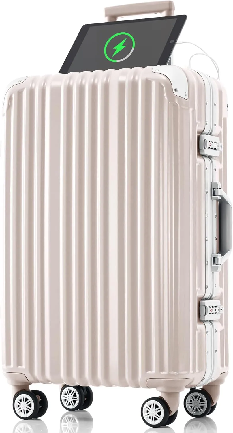 Kangmusi 1pc 20in Aluminum Frame Luggage with USB port, Vacation Carry-On Suitcase with Spinner Wheels and TSA Lock, Travel Trolley Case For Short Business Trips, pink