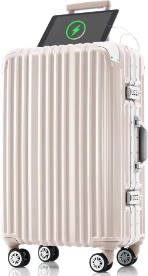 Kangmusi 1pc 20in Aluminum Frame Luggage with USB port, Vacation Carry-On Suitcase with Spinner Wheels and TSA Lock, Travel Trolley Case For Short Business Trips, pink