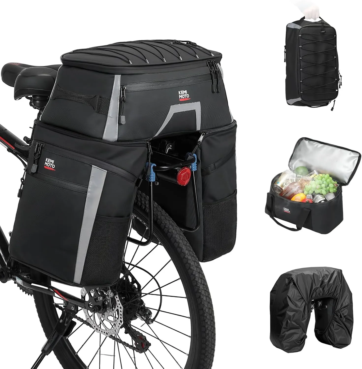 KEMIMOTO Bicycle Panniers Combo 4-in-1, Bike Saddle Cooler Bag with Waterproof Rain Cover, 47L Removable Insulated Cycling Rear Luggage for Warm or Cold Items for Traveling Camping Shopping Commuting